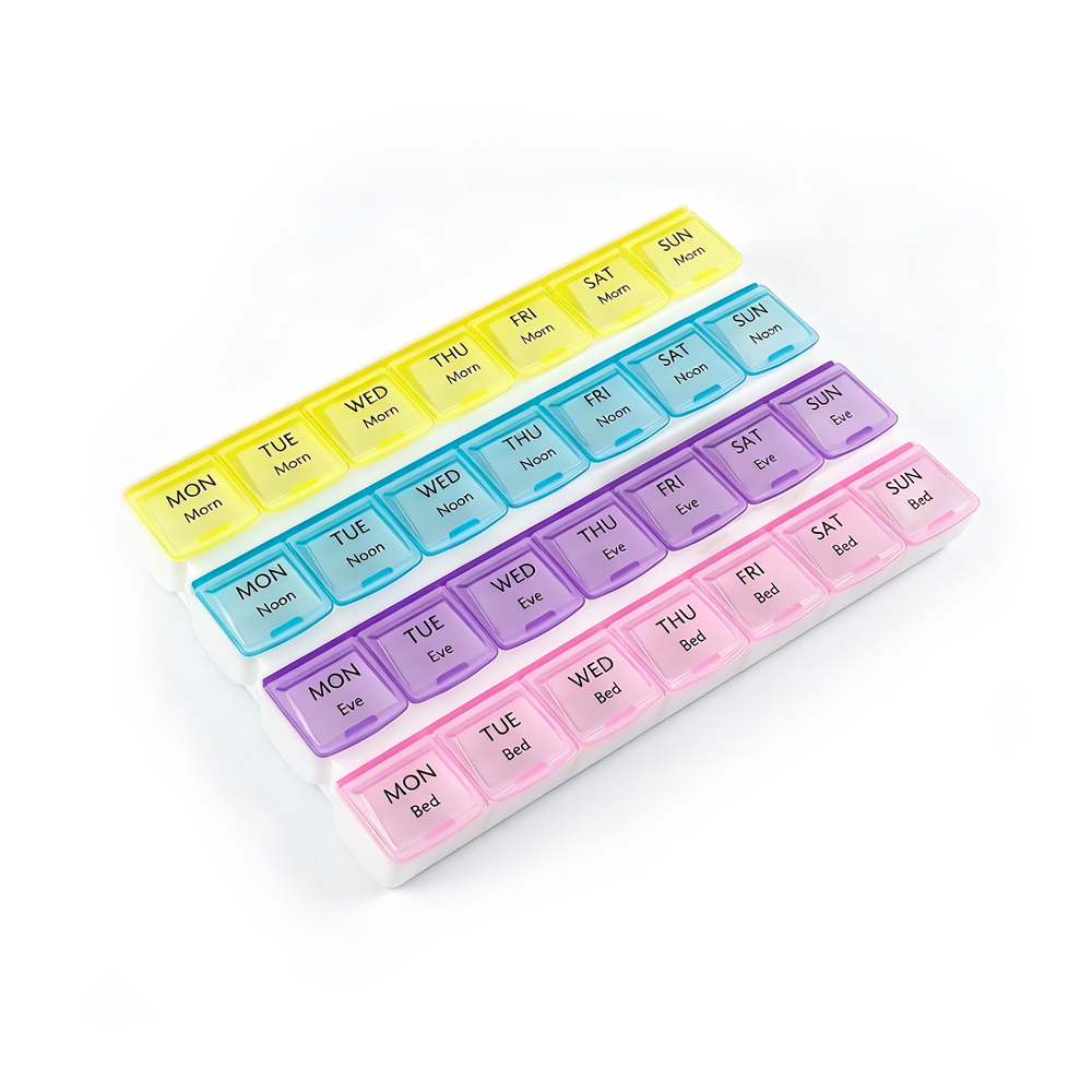 Organizator zilnic săptămânal pentru pastile, 4 compartimente pe zi, 7 dimineața dimineața, la ora de culcare, recipient pentru medicamente cu coduri de culoare, cutie de pastile de capacitate mare pentru bătrâni, călătorii, vitamine și pastile