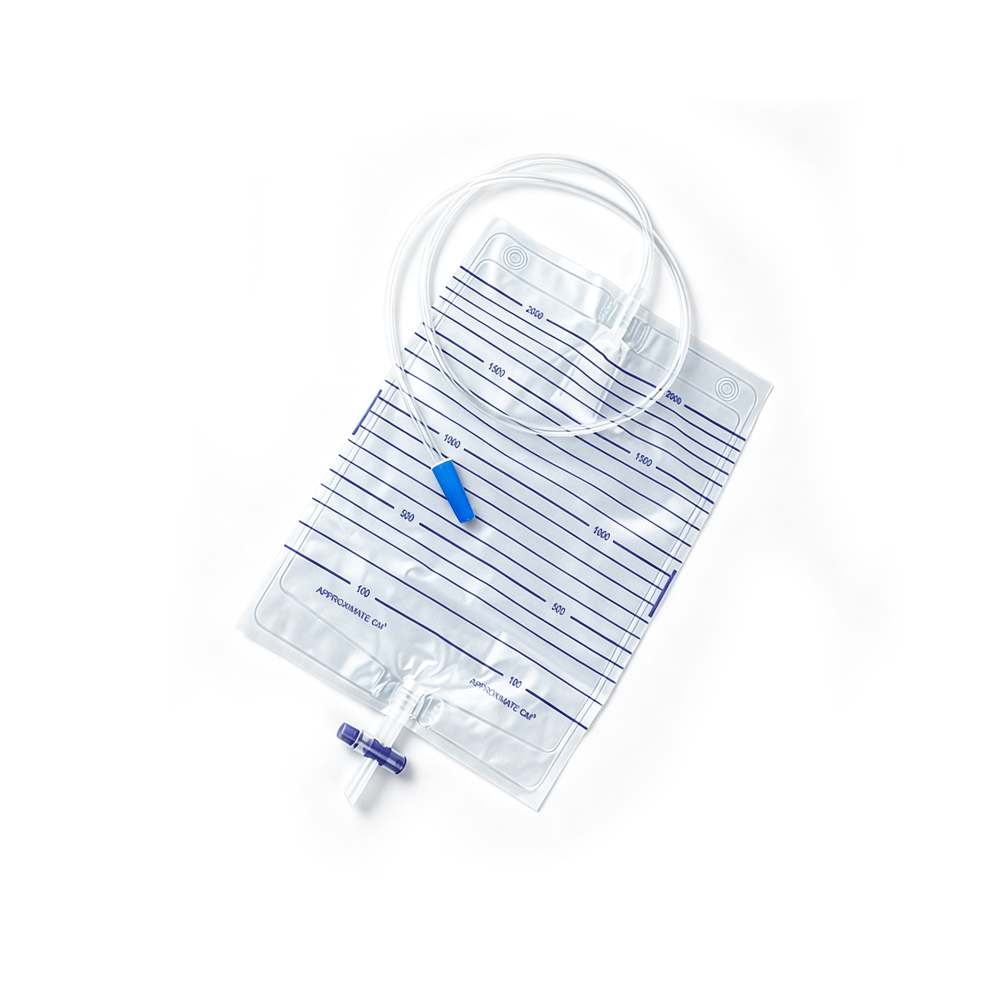 Pungă de urină din PVC sterilă și netoxică de 2000 ml de calitate medicală cu supapă încrucișată de tip T